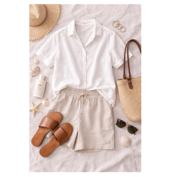 UNIGLO Linen Blend Open Collar Short Sleeve Shirt in Off White Lightweight Airy - Picture 6 of 15